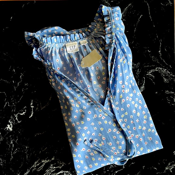 💙GAP Ruffle Neck Floral Print Chiffon Blouse-Long Sleeve & Tie-Light Blue-EUC - Picture 14 of 14